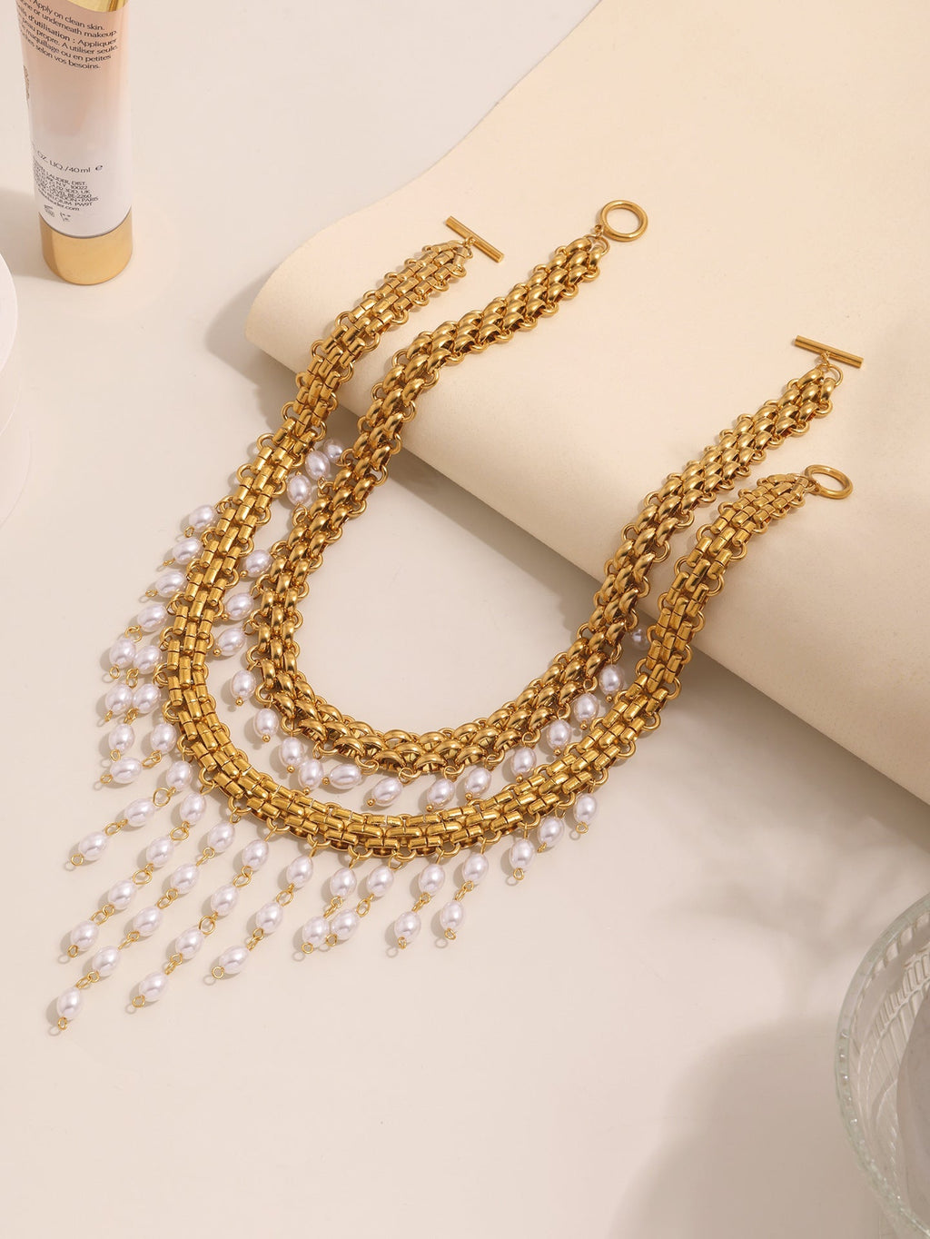 ACOOE 14K Gold Plated Peal Necklace Bracelet Set - ACOOE