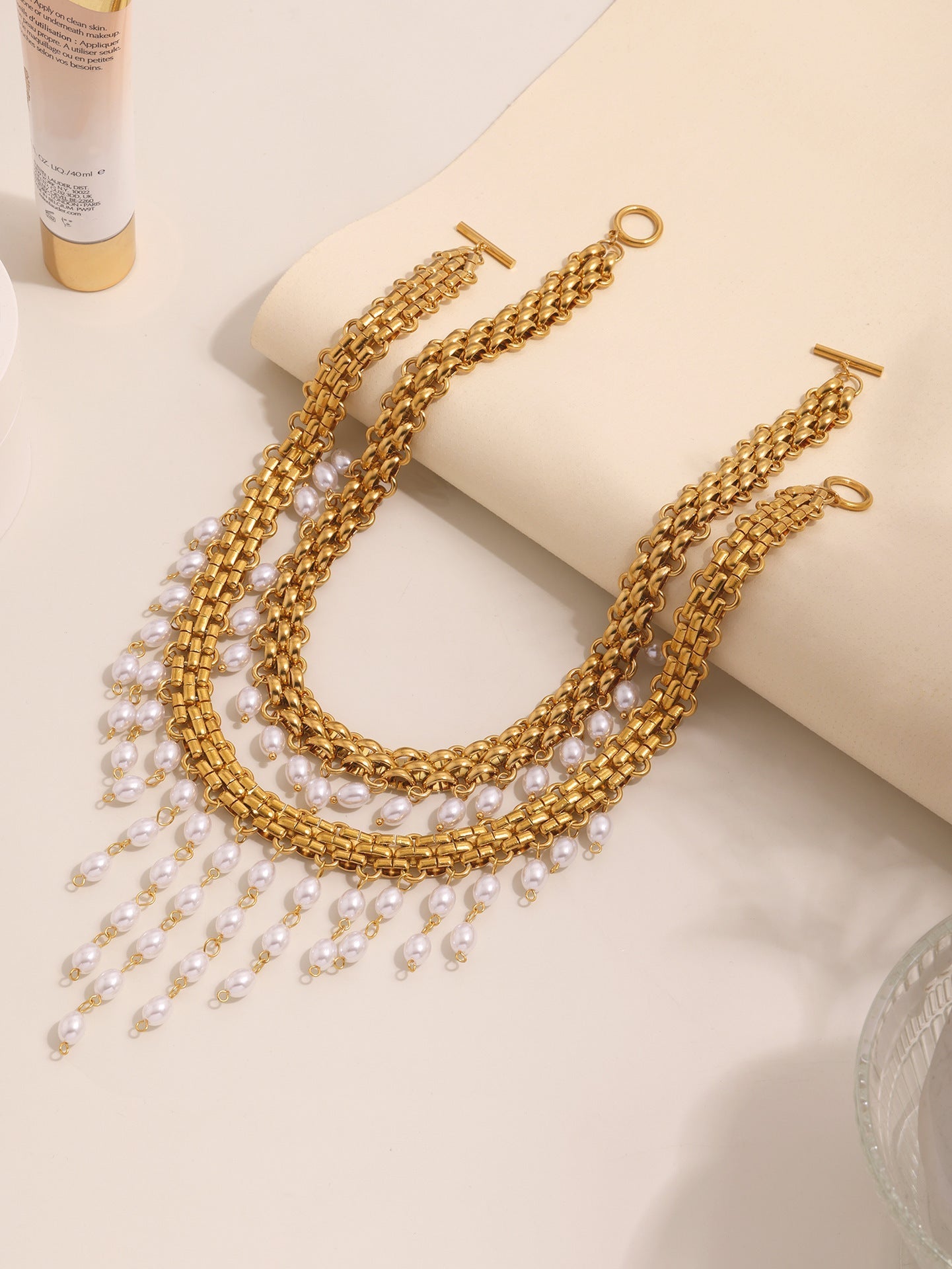 ACOOE 14K Gold Plated Peal Necklace Bracelet Set - ACOOE