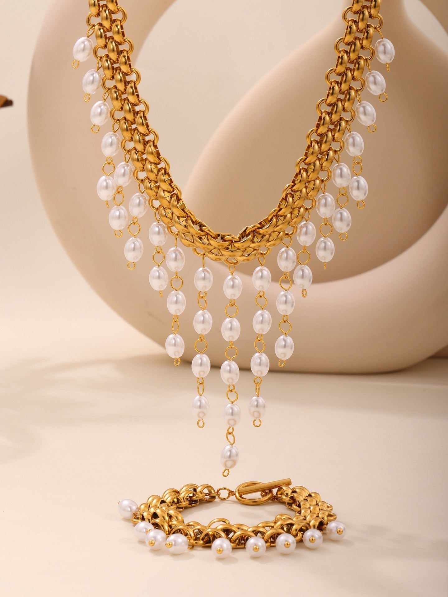 ACOOE 14K Gold Plated Peal Necklace Bracelet Set - ACOOE