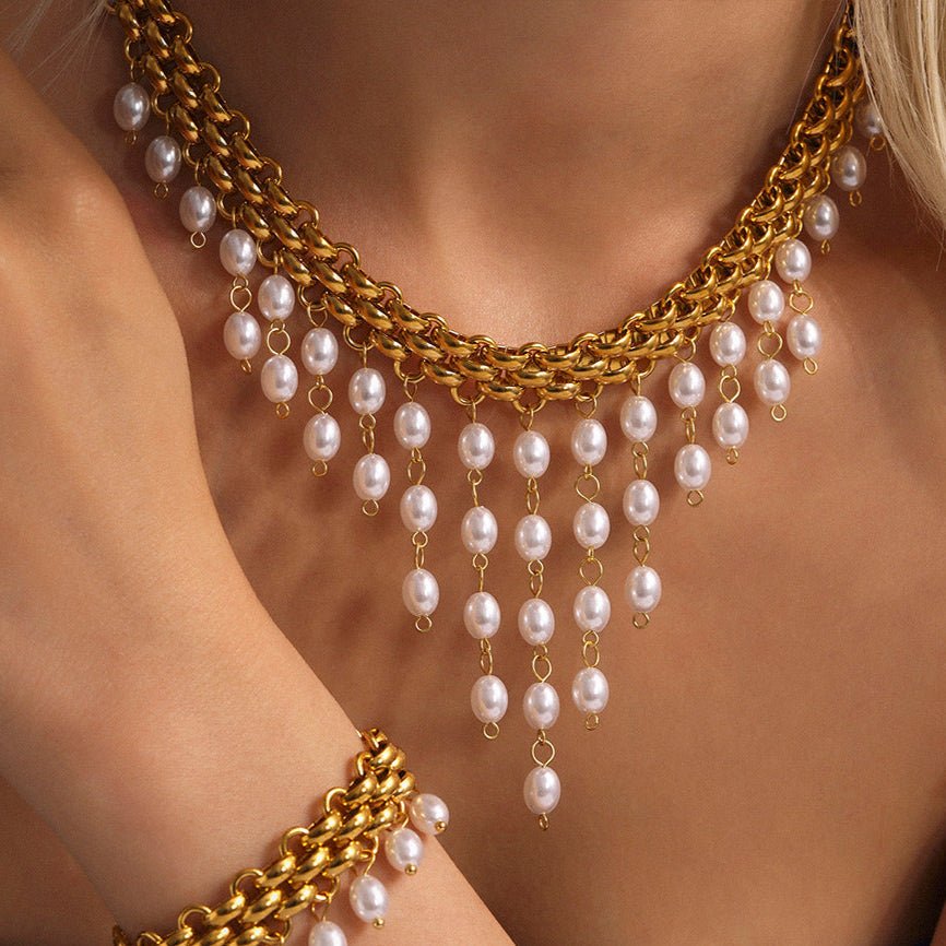 ACOOE 14K Gold Plated Peal Necklace Bracelet Set - ACOOE