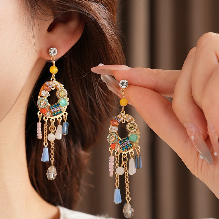 Inlaid Diamond Tassel Crystal Pearl Earrings - ACOOE
