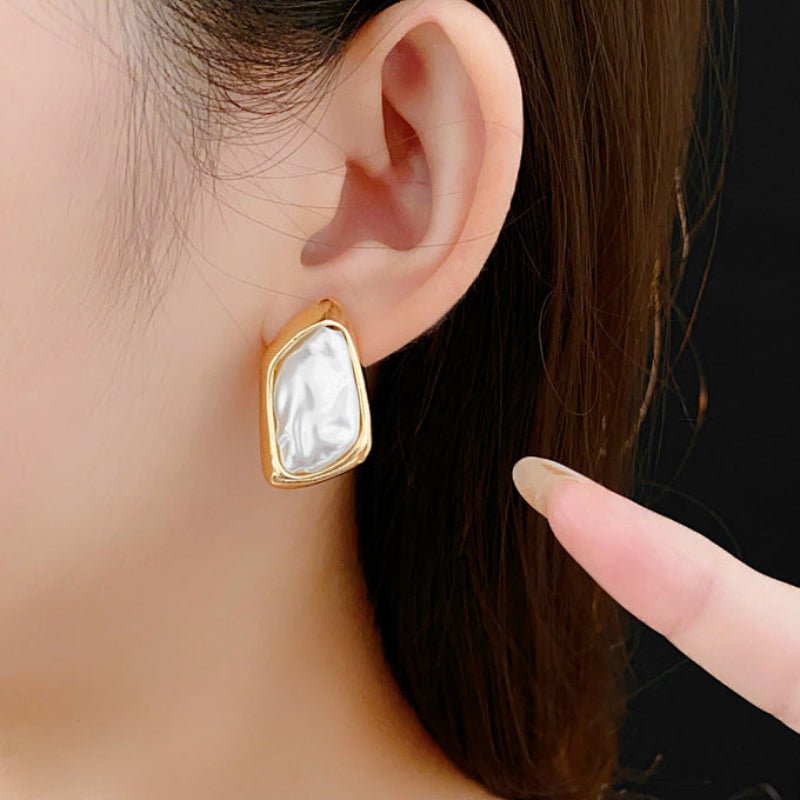 S925 Silver Gold Irregular Square Pearl Earrings - ACOOE