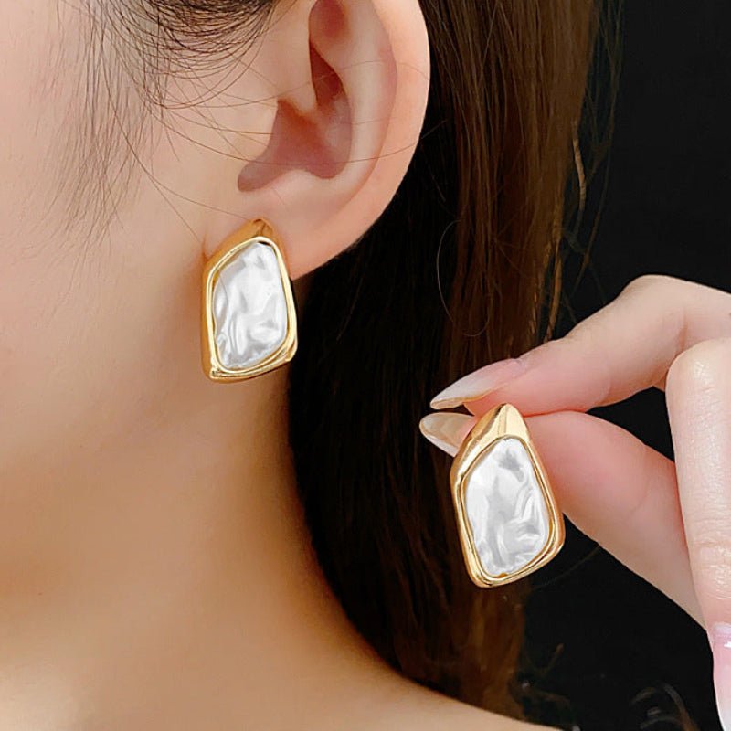 S925 Silver Gold Irregular Square Pearl Earrings - ACOOE