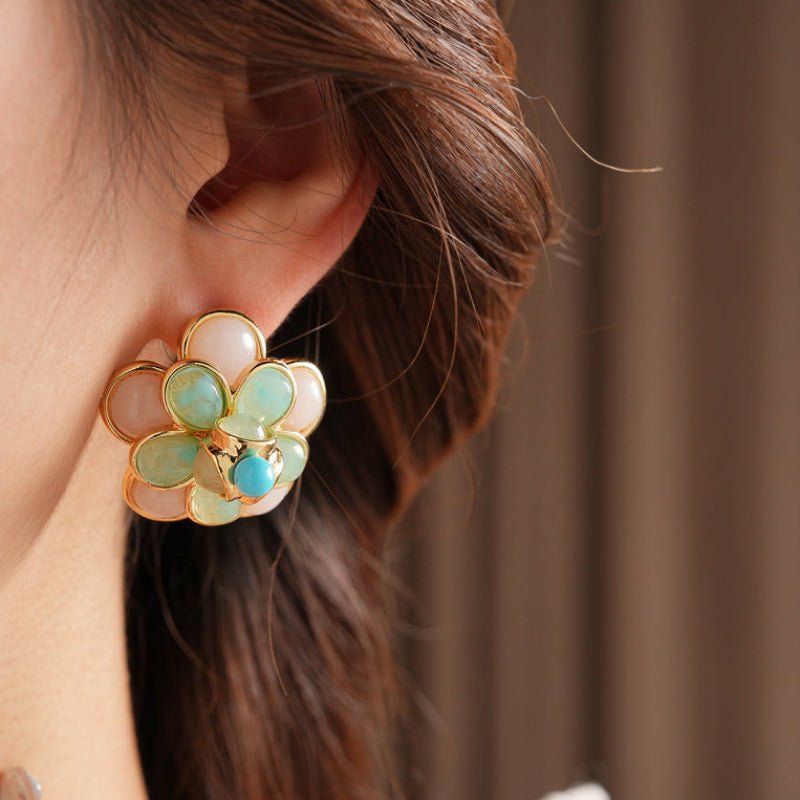 S925 Silver Gold Vintage Camellia Flower Earrings - ACOOE