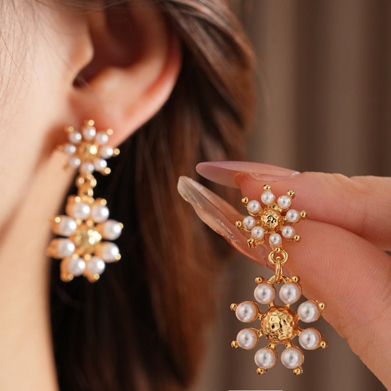 S925 Silver Gold Vintage Flower Pearl Earrings - ACOOE