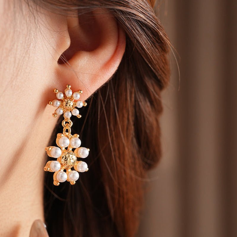 S925 Silver Gold Vintage Flower Pearl Earrings - ACOOE