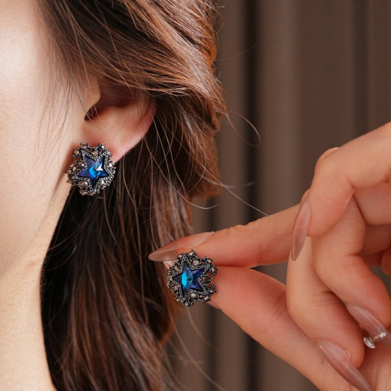 S925 Silver Needle Inlaid Diamond Star Round Earrings - ACOOE