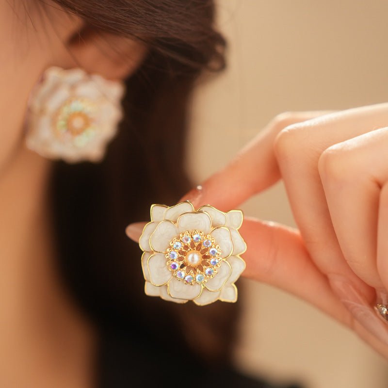 S925 Silver Vintage Pearl Camellia Earrings - ACOOE
