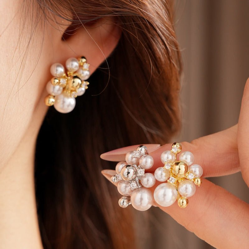 S925 Silver Zircon Pearl Round Ball Earrings - ACOOE