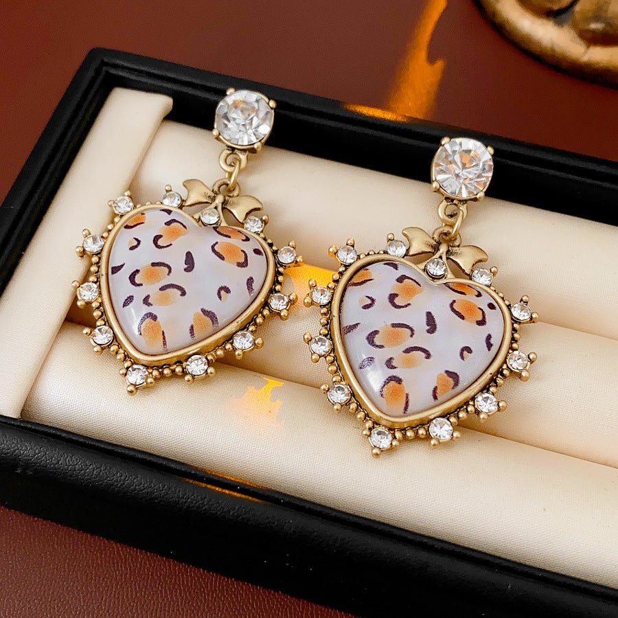 Silver Needle Bow Leopard Heart Stud Earrings - ACOOE