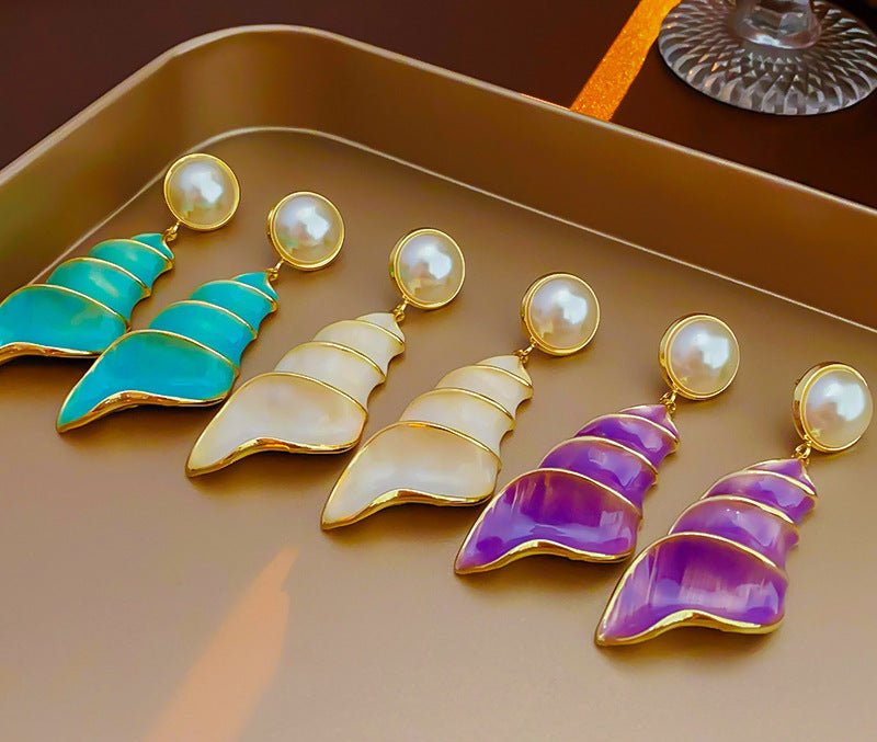 Silver Needle Pearl Conch Oil Earrings - ACOOE