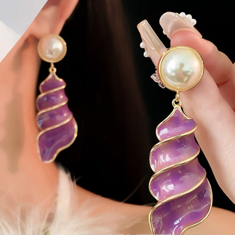 Silver Needle Pearl Conch Oil Earrings - ACOOE