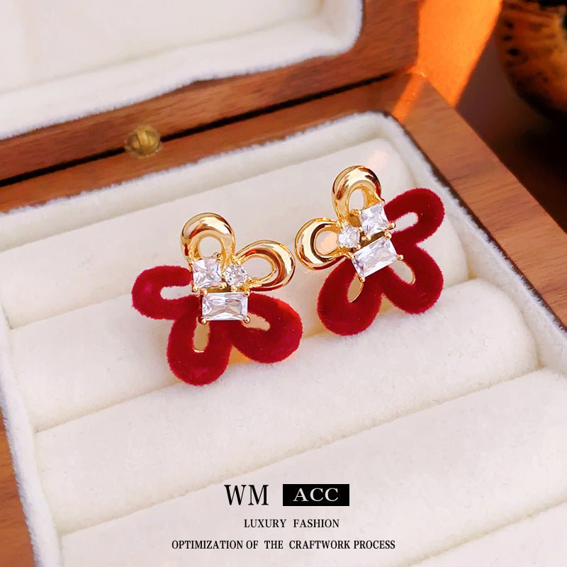 Silver Needle Red Velvet Bow Vintage Earrings - ACOOE