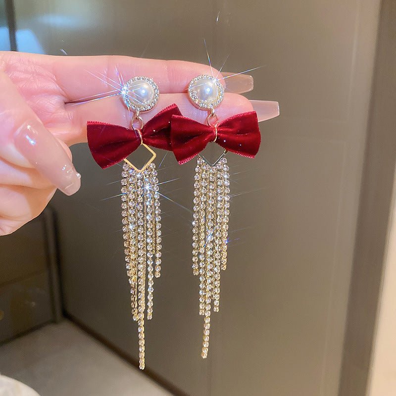 Silver Needle Red Velvet Bow Vintage Earrings - ACOOE