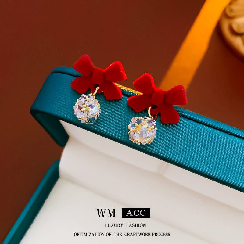 Silver Needle Red Velvet Bow Vintage Earrings - ACOOE