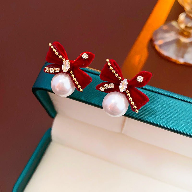 Silver Needle Red Velvet Bow Vintage Earrings - ACOOE