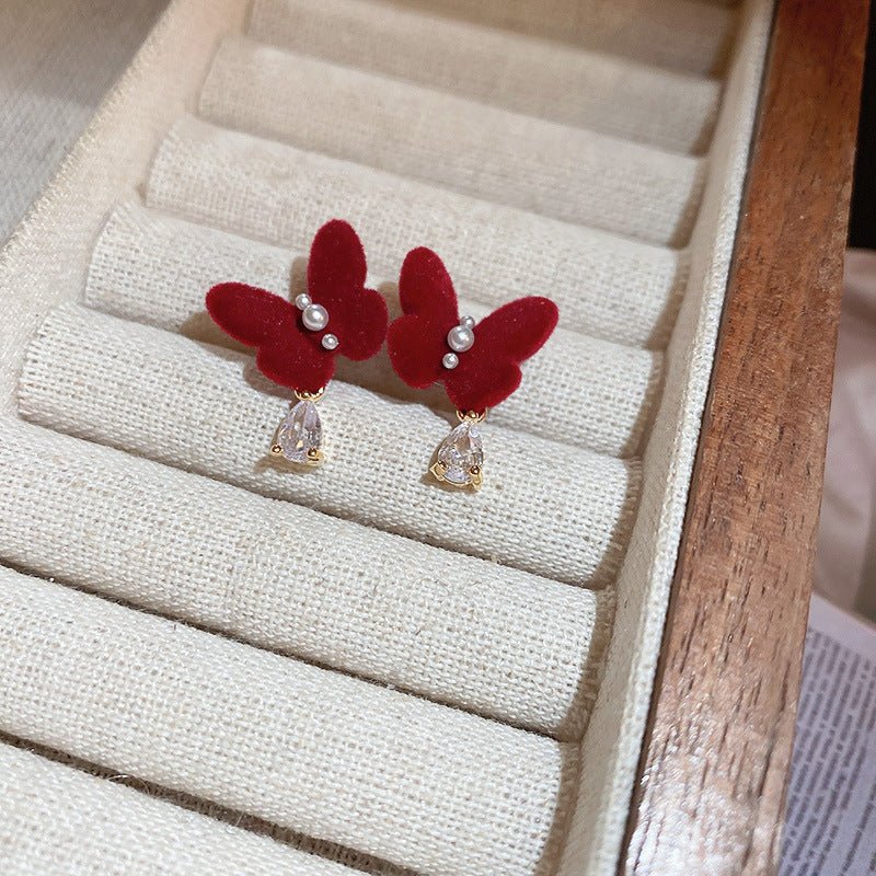 Silver Needle Red Velvet Bow Vintage Earrings - ACOOE