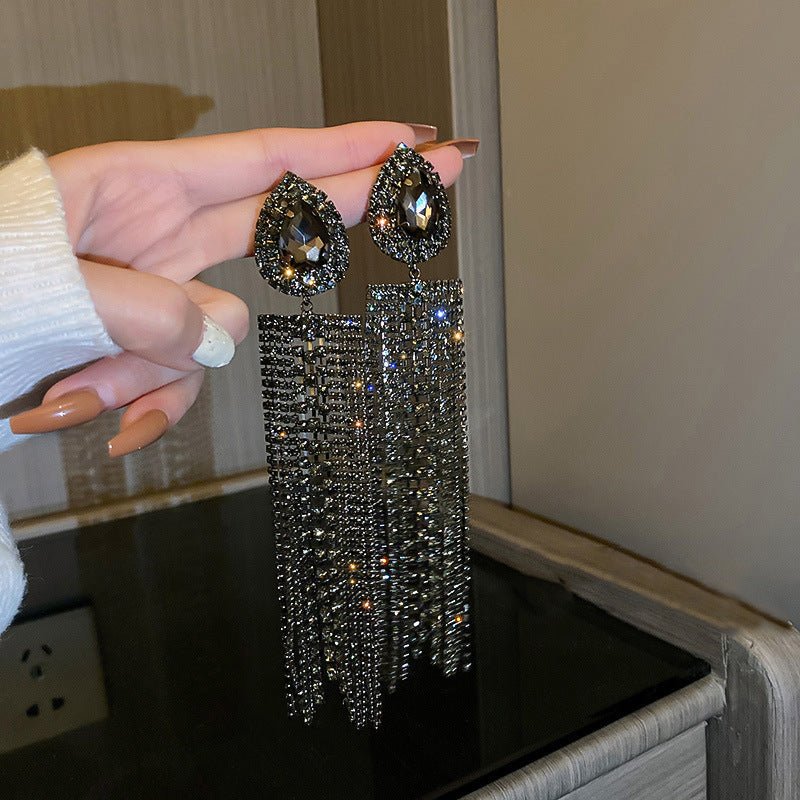 Silver Needle U - Shaped Pearl Diamond Tassel Earrings - ACOOE