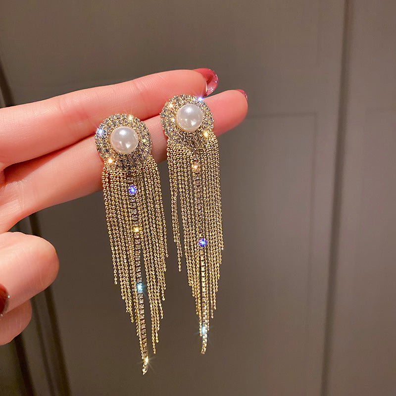 Silver Needle U - Shaped Pearl Diamond Tassel Earrings - ACOOE