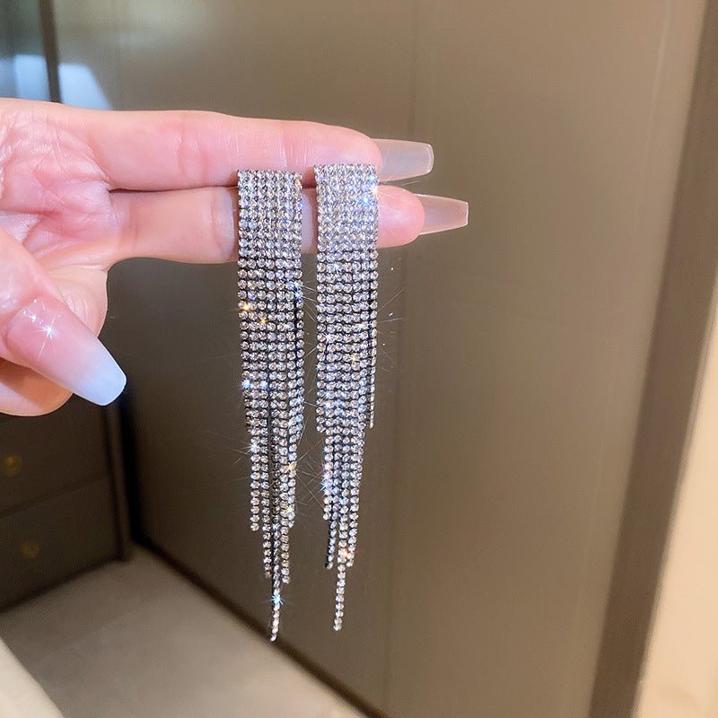 Silver Needle U - Shaped Pearl Diamond Tassel Earrings - ACOOE