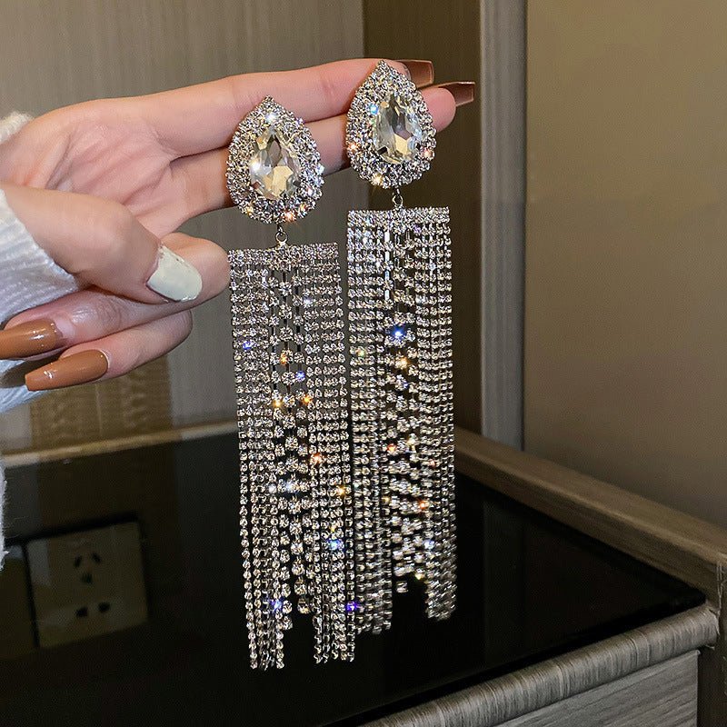 Silver Needle U - Shaped Pearl Diamond Tassel Earrings - ACOOE