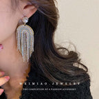 Silver Needle U - Shaped Pearl Diamond Tassel Earrings - ACOOE