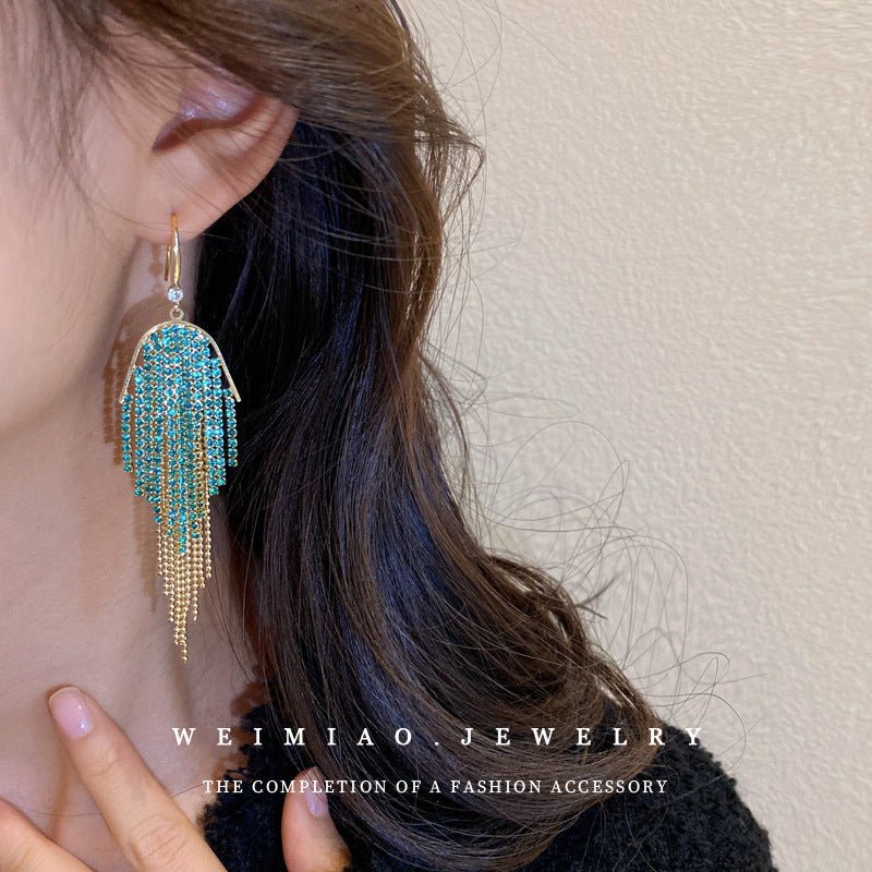 Silver Needle U - Shaped Pearl Diamond Tassel Earrings - ACOOE