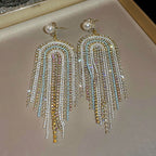 Silver Needle U - Shaped Pearl Diamond Tassel Earrings - ACOOE