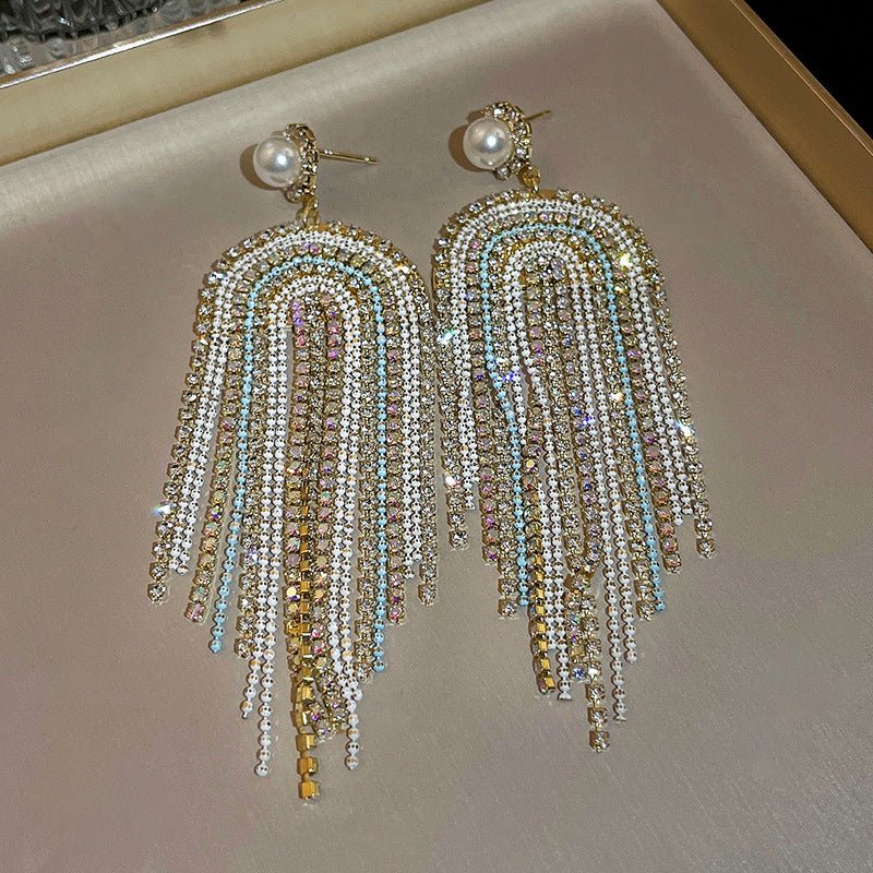 Silver Needle U - Shaped Pearl Diamond Tassel Earrings - ACOOE