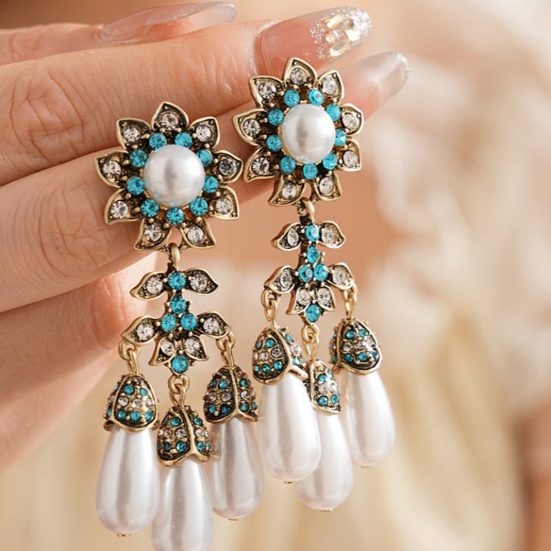 Vintage Diamond - Studded Flower Water Drop Earrings - ACOOE