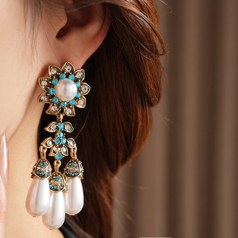 Vintage Diamond - Studded Flower Water Drop Earrings - ACOOE