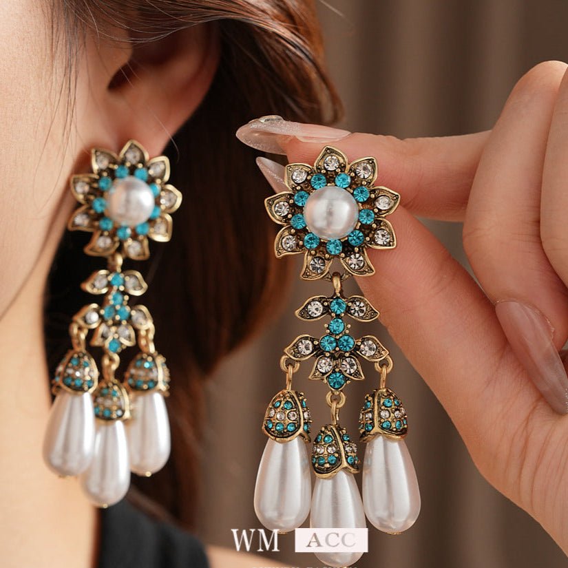 Vintage Diamond - Studded Flower Water Drop Earrings - ACOOE
