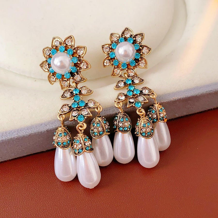 Vintage Diamond - Studded Flower Water Drop Earrings - ACOOE
