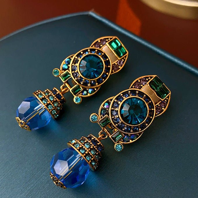 Vintage Retro Clip - On Earrings with Blue Crystal Inlay - ACOOE