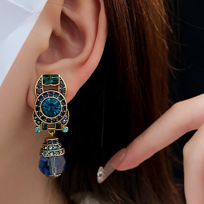 Vintage Retro Clip - On Earrings with Blue Crystal Inlay - ACOOE