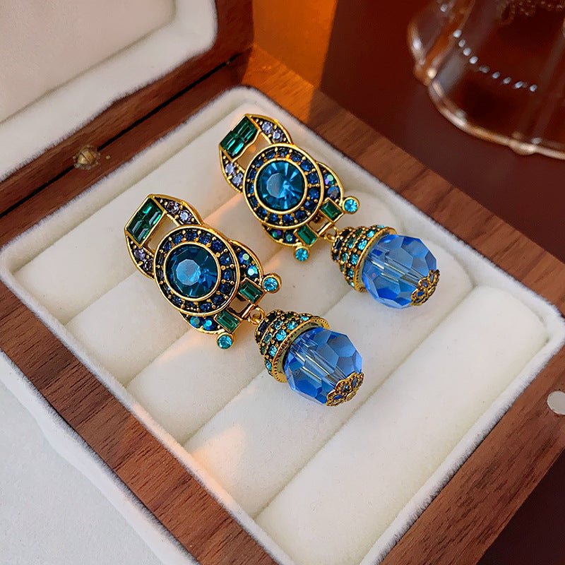 Vintage Retro Clip - On Earrings with Blue Crystal Inlay - ACOOE