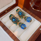 Vintage Retro Clip - On Earrings with Blue Crystal Inlay - ACOOE