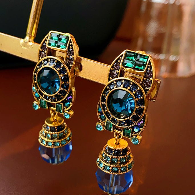 Vintage Retro Clip - On Earrings with Blue Crystal Inlay - ACOOE