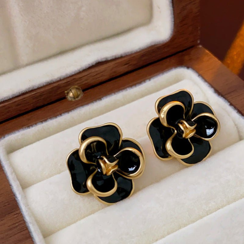 Vintage Silver Needle Camellia Oil Drop Studs - ACOOE