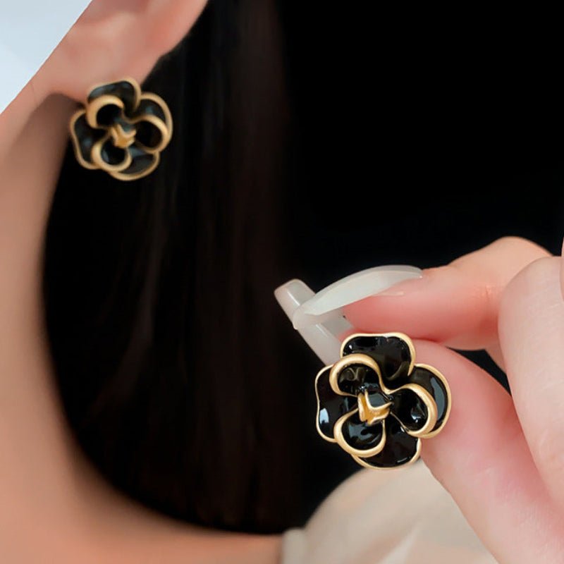 Vintage Silver Needle Camellia Oil Drop Studs - ACOOE