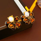 Vintage Silver Needle Flower Pearl Earrings - ACOOE