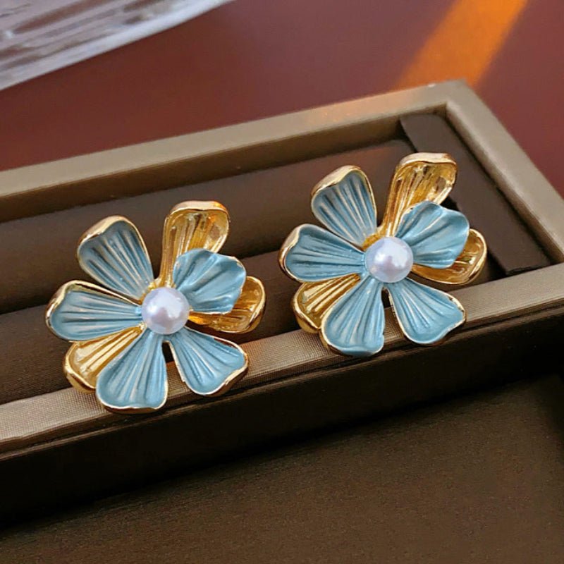 Vintage Silver Needle Oil Drop Flower Pearl Earrings - ACOOE